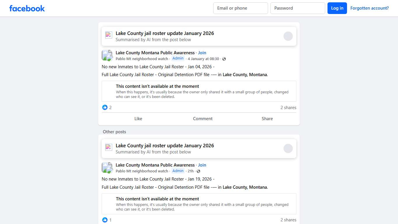 Lake County Montana Public Awareness | No new Inmates to Lake County Jail Roster - Jan 04, 2026 - | Facebook